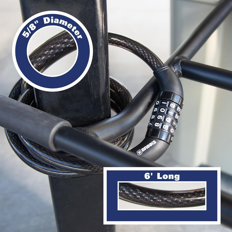 BRINKS 6 ft Outdoor Heavy Duty Bike Lock Cable, Thick, Anti Theft Self-Coiling Design, Resettable 4-Dial Combination, 5/8" Weather-Resistant Vinyl Coating for Bikes - Image 5